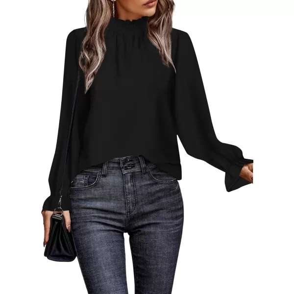 LYANER Women's Print Mock Neck Flounce Long Sleeve Shirred Blouse Top Shirt