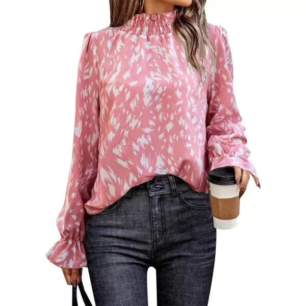 LYANER Women's Print Mock Neck Flounce Long Sleeve Shirred Blouse Top Shirt