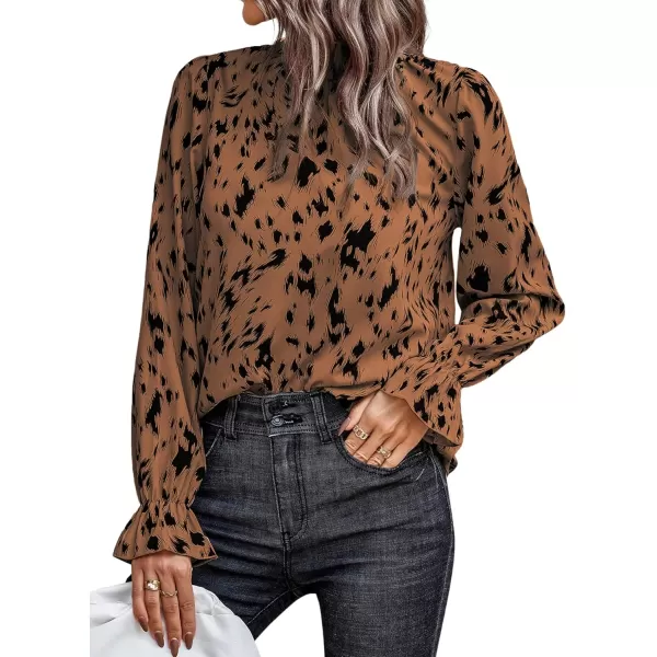 LYANER Women's Print Mock Neck Flounce Long Sleeve Shirred Blouse Top Shirt