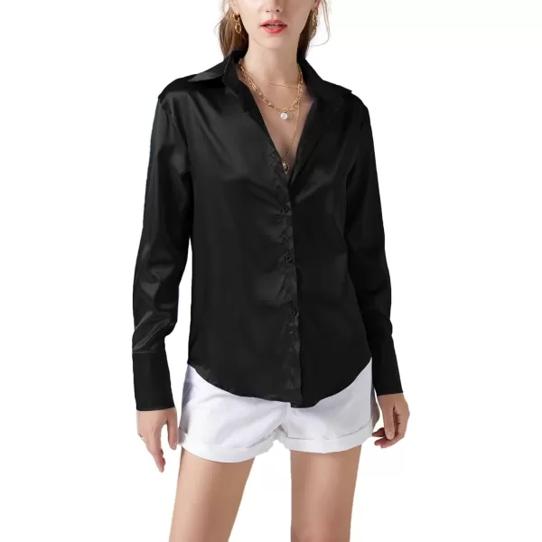 LYANER Women's Satin Silky Collar Buttons Down Long Sleeve Work Blouse Shirt Top