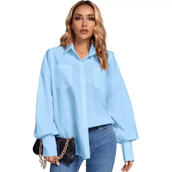LYANER Women's Collar V Neck Button Front Puff Long Sleeve Loose Shirt Office Blouse Top