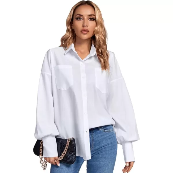 LYANER Women's Collar V Neck Button Front Puff Long Sleeve Loose Shirt Office Blouse Top