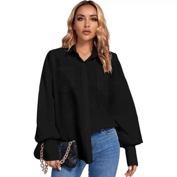 LYANER Women's Collar V Neck Button Front Puff Long Sleeve Loose Shirt Office Blouse Top