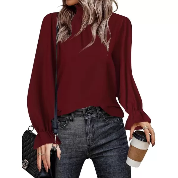 LYANER Women's Print Mock Neck Flounce Long Sleeve Shirred Blouse Top Shirt