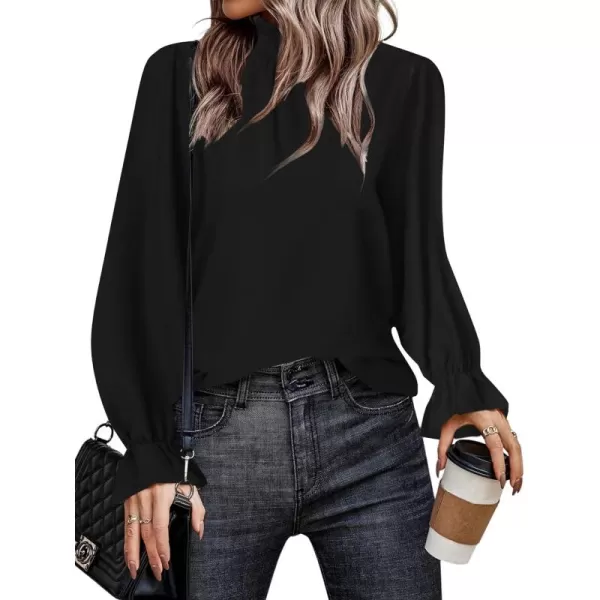 LYANER Women's Print Mock Neck Flounce Long Sleeve Shirred Blouse Top Shirt