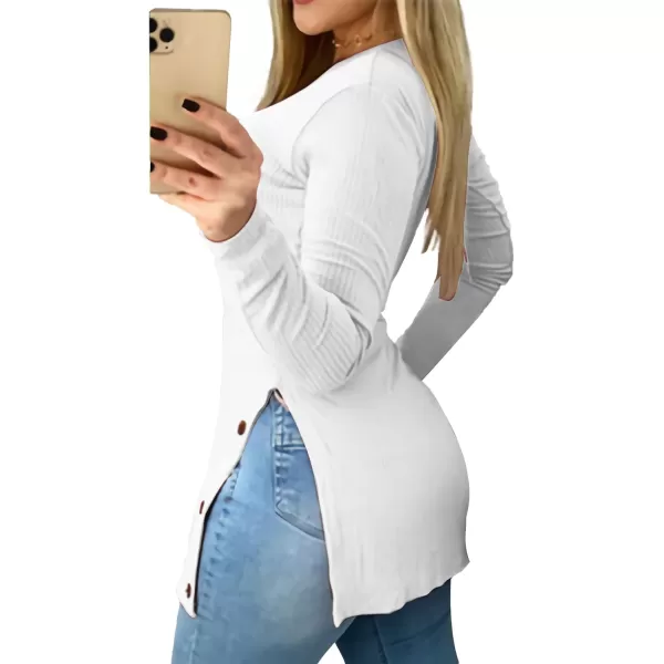 LYANER Women's Button Split Slit Sides Scoop Neck Long Sleeve Blouse Tunic Top