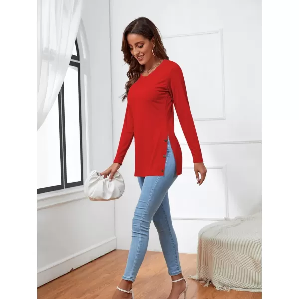 LYANER Women's Button Split Slit Sides Scoop Neck Long Sleeve Blouse Tunic Top