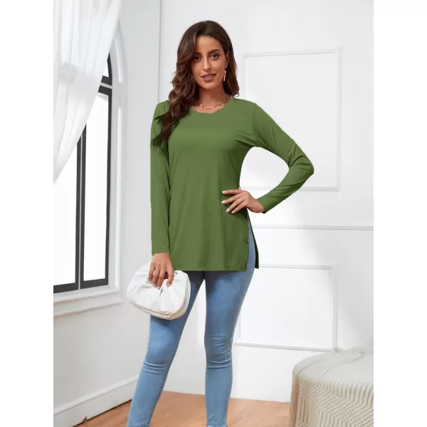 LYANER Women's Button Split Slit Sides Scoop Neck Long Sleeve Blouse Tunic Top