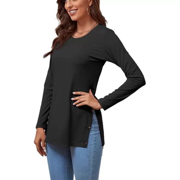 LYANER Women's Button Split Slit Sides Scoop Neck Long Sleeve Blouse Tunic Top