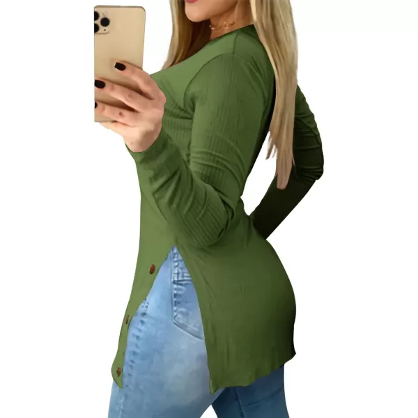 LYANER Women's Button Split Slit Sides Scoop Neck Long Sleeve Blouse Tunic Top