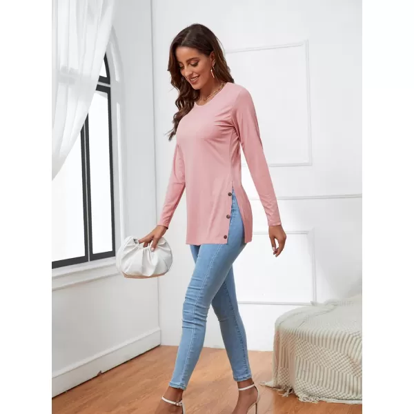 LYANER Women's Button Split Slit Sides Scoop Neck Long Sleeve Blouse Tunic Top