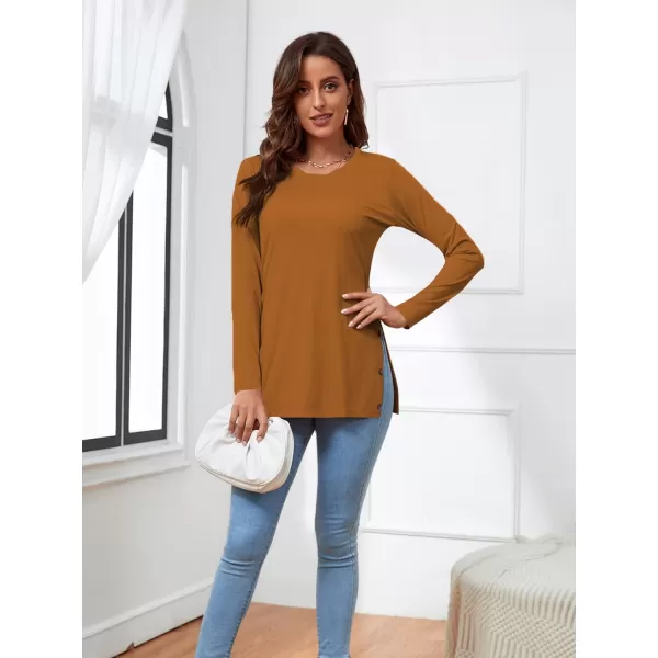 LYANER Women's Button Split Slit Sides Scoop Neck Long Sleeve Blouse Tunic Top