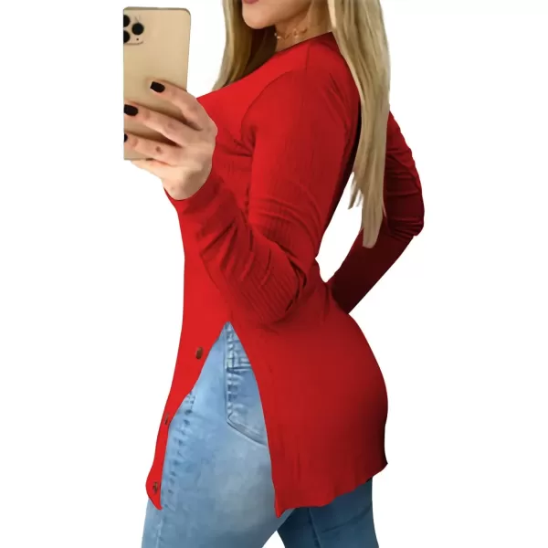 LYANER Women's Button Split Slit Sides Scoop Neck Long Sleeve Blouse Tunic Top