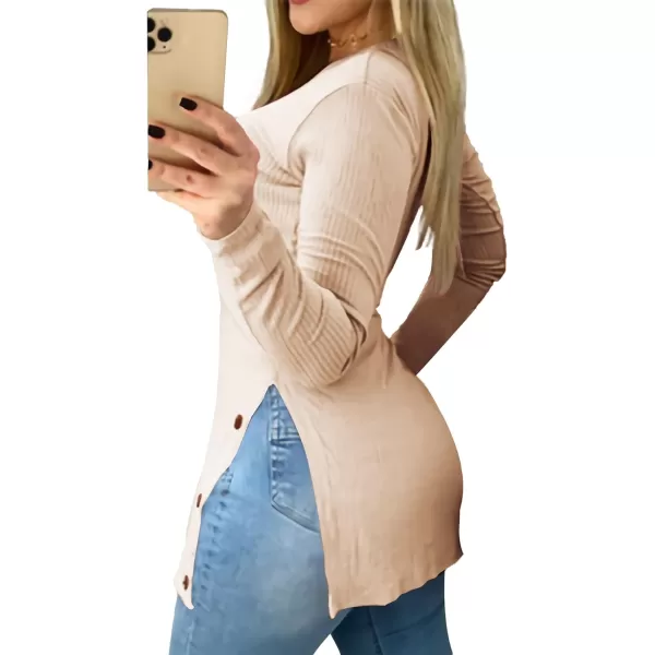 LYANER Women's Button Split Slit Sides Scoop Neck Long Sleeve Blouse Tunic Top