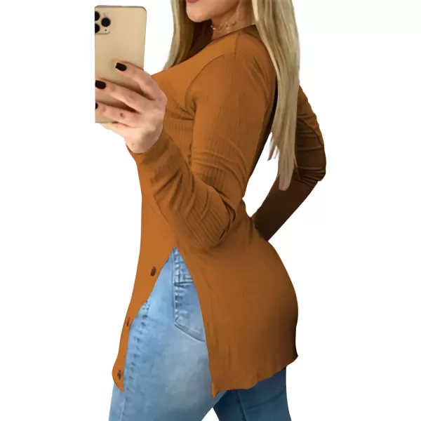 LYANER Women's Button Split Slit Sides Scoop Neck Long Sleeve Blouse Tunic Top
