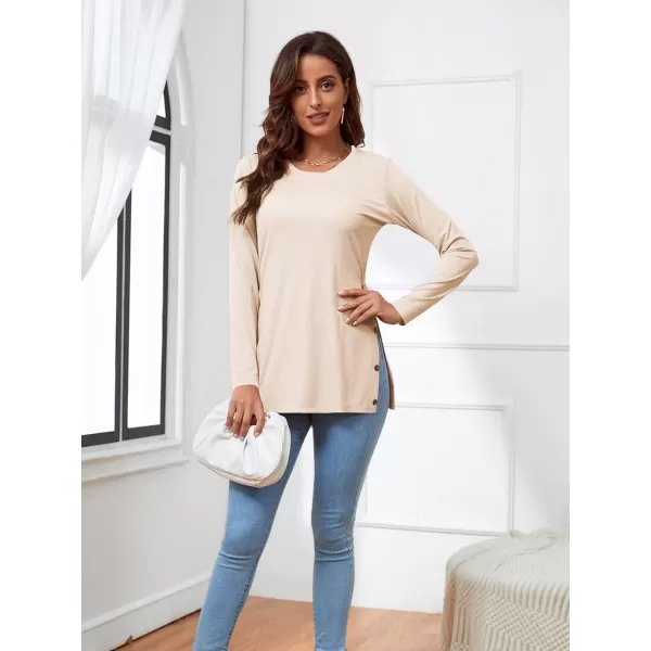 LYANER Women's Button Split Slit Sides Scoop Neck Long Sleeve Blouse Tunic Top