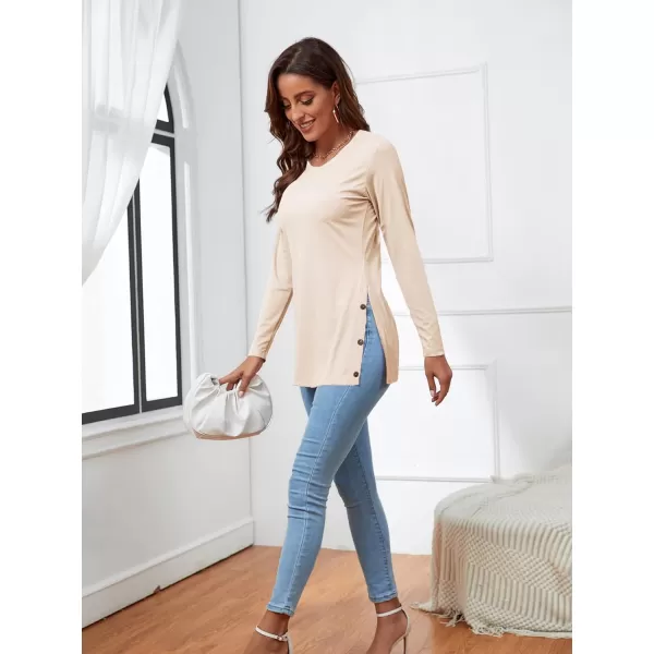 LYANER Women's Button Split Slit Sides Scoop Neck Long Sleeve Blouse Tunic Top