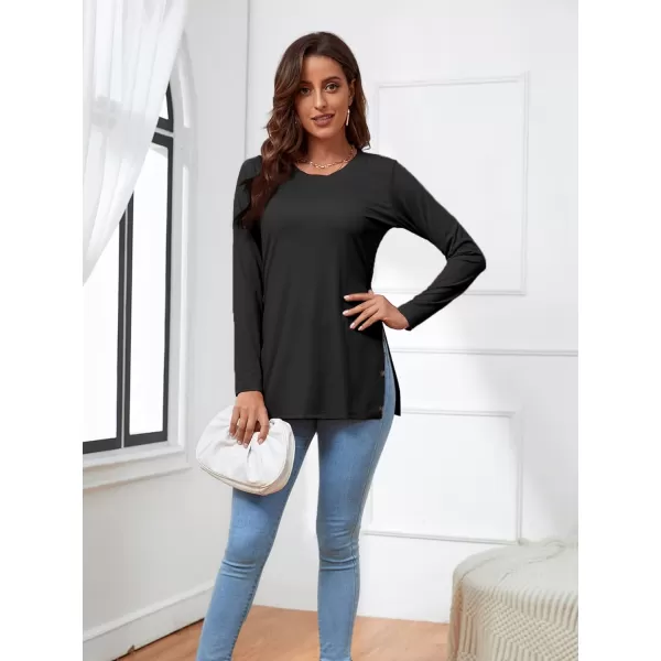 LYANER Women's Button Split Slit Sides Scoop Neck Long Sleeve Blouse Tunic Top
