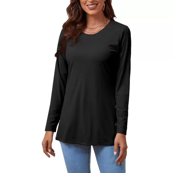 LYANER Women's Button Split Slit Sides Scoop Neck Long Sleeve Blouse Tunic Top