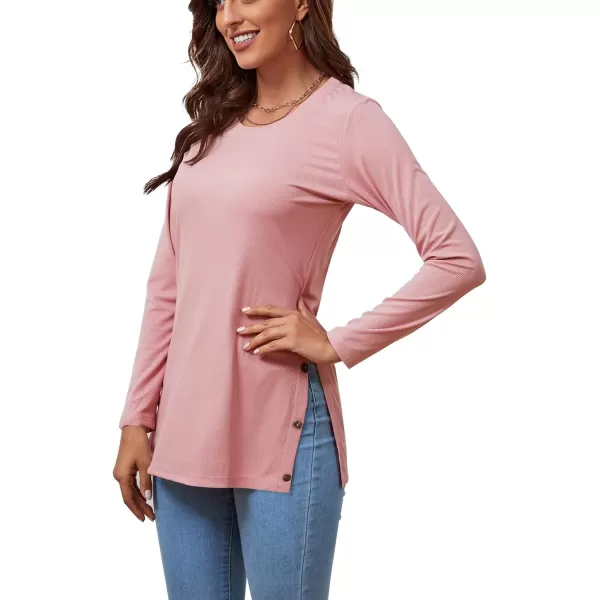 LYANER Women's Button Split Slit Sides Scoop Neck Long Sleeve Blouse Tunic Top