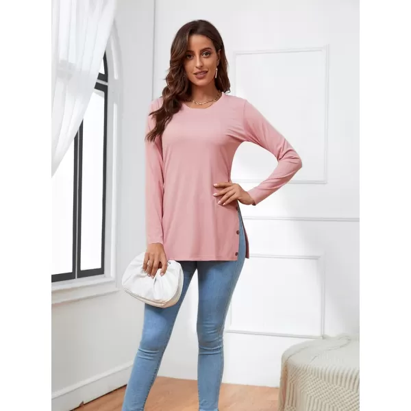 LYANER Women's Button Split Slit Sides Scoop Neck Long Sleeve Blouse Tunic Top