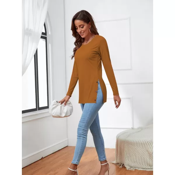 LYANER Women's Button Split Slit Sides Scoop Neck Long Sleeve Blouse Tunic Top