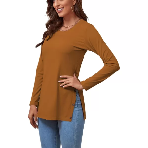 LYANER Women's Button Split Slit Sides Scoop Neck Long Sleeve Blouse Tunic Top