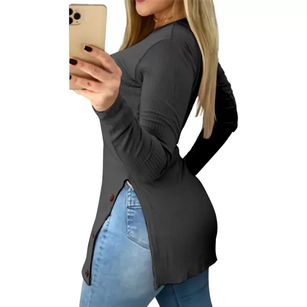 LYANER Women's Button Split Slit Sides Scoop Neck Long Sleeve Blouse Tunic Top