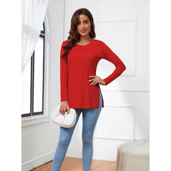 LYANER Women's Button Split Slit Sides Scoop Neck Long Sleeve Blouse Tunic Top