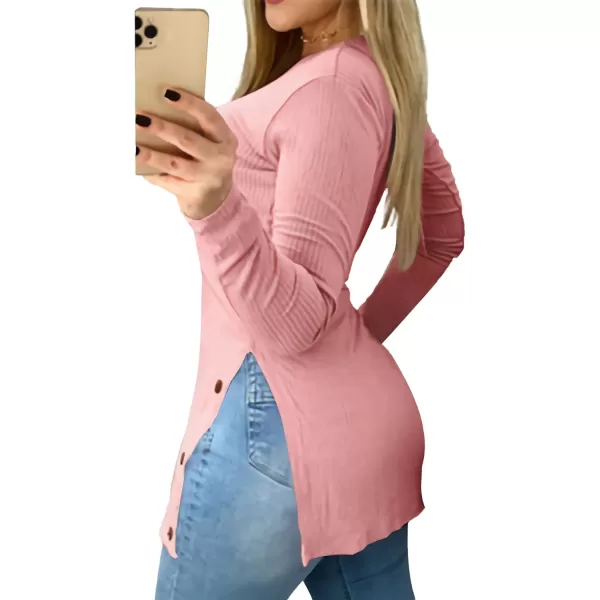 LYANER Women's Button Split Slit Sides Scoop Neck Long Sleeve Blouse Tunic Top