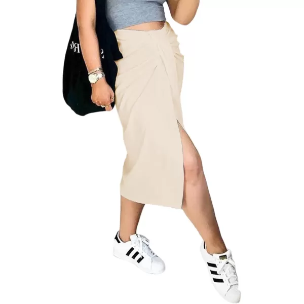 LYANER Women's Casual Draped Ruched Front High Waist Split Slit Hem Midi Skirt