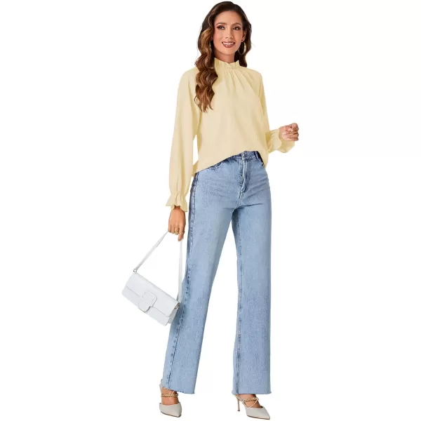 LYANER Women's Frill Mock Neck Pleated Lantern Long Sleeve Blouse Office Shirt Tops