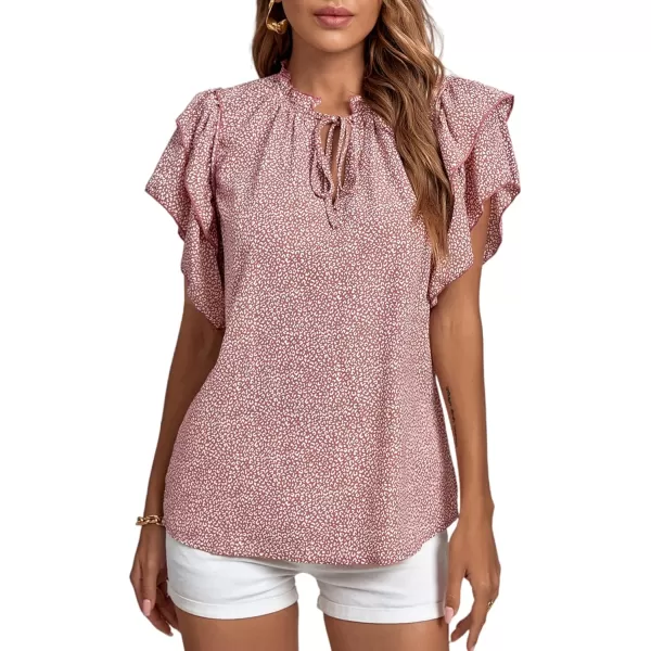 LYANER Women's Print Layered Ruffle Short Sleeve Frill Trim Crew Neck Tie Blouse Shirt Top