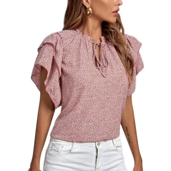 LYANER Women's Print Layered Ruffle Short Sleeve Frill Trim Crew Neck Tie Blouse Shirt Top