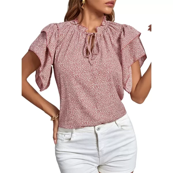 LYANER Women's Print Layered Ruffle Short Sleeve Frill Trim Crew Neck Tie Blouse Shirt Top