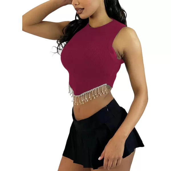 LYANER Women's Rhinestone Fringe High Low Hem Sleeveless Ribbed Crop Tops Tank Blouse