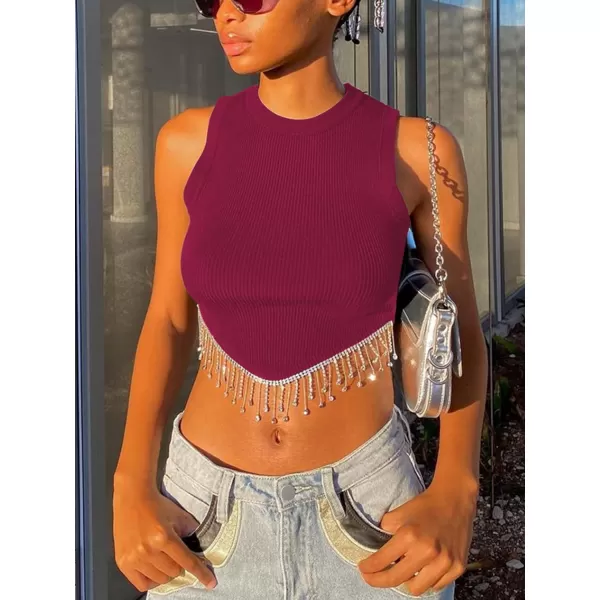 LYANER Women's Rhinestone Fringe High Low Hem Sleeveless Ribbed Crop Tops Tank Blouse