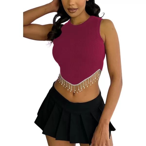 LYANER Women's Rhinestone Fringe High Low Hem Sleeveless Ribbed Crop Tops Tank Blouse