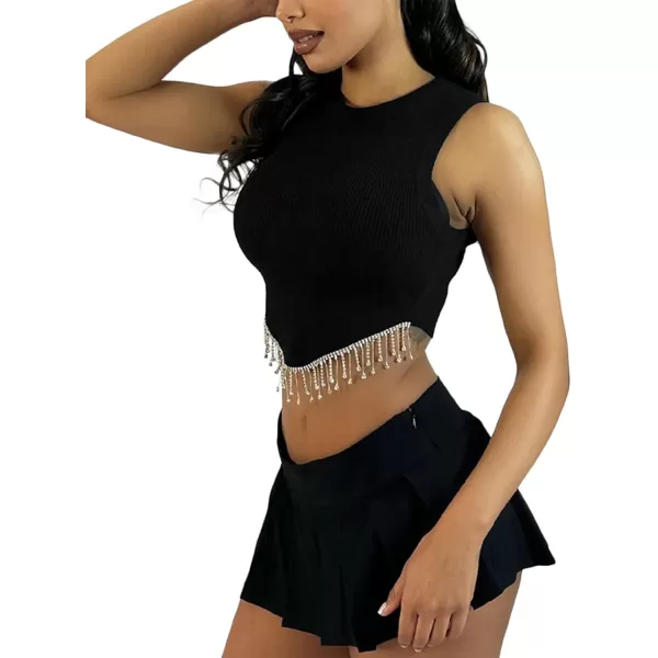 LYANER Women's Rhinestone Fringe High Low Hem Sleeveless Ribbed Crop Tops Tank Blouse