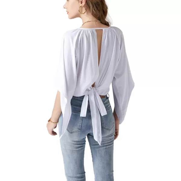 LYANER Women's Scoop Neck Batwing Half Sleeve Open Back Tie Back Blouse Crop Top