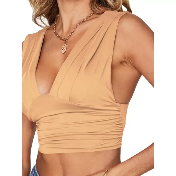 LYANER Women's Sexy Deep V Neck Ruched Backless Slim Tank Sleeveless Top