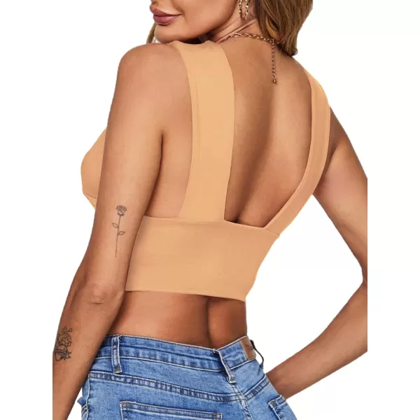 LYANER Women's Sexy Deep V Neck Ruched Backless Slim Tank Sleeveless Top