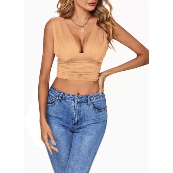 LYANER Women's Sexy Deep V Neck Ruched Backless Slim Tank Sleeveless Top