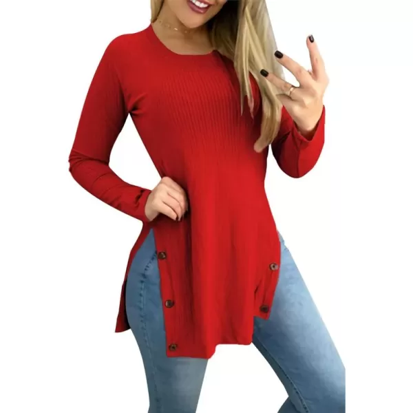 LYANER Women's Button Split Slit Sides Scoop Neck Long Sleeve Blouse Tunic Top