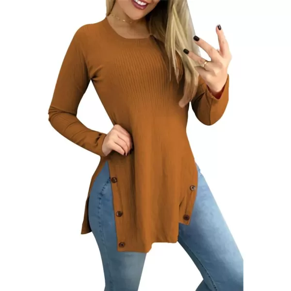 LYANER Women's Button Split Slit Sides Scoop Neck Long Sleeve Blouse Tunic Top