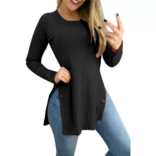LYANER Women's Button Split Slit Sides Scoop Neck Long Sleeve Blouse Tunic Top