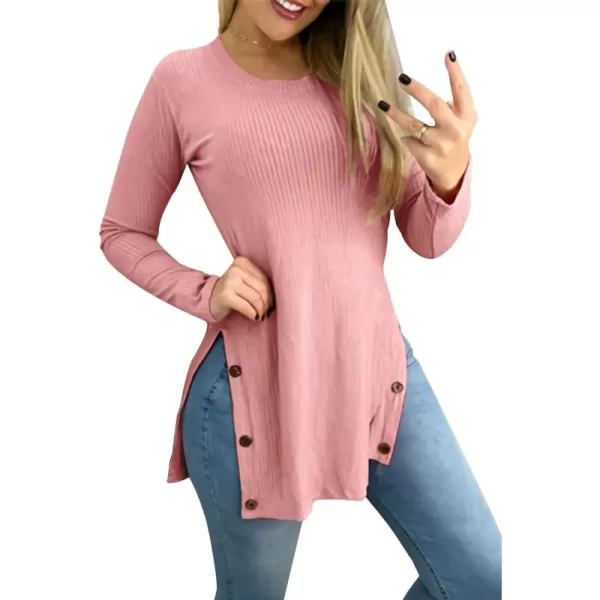 LYANER Women's Button Split Slit Sides Scoop Neck Long Sleeve Blouse Tunic Top
