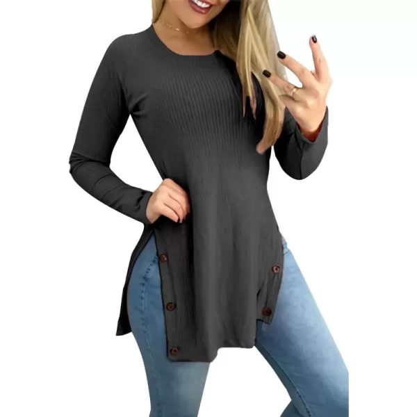 LYANER Women's Button Split Slit Sides Scoop Neck Long Sleeve Blouse Tunic Top