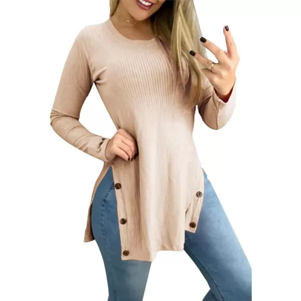 LYANER Women's Button Split Slit Sides Scoop Neck Long Sleeve Blouse Tunic Top