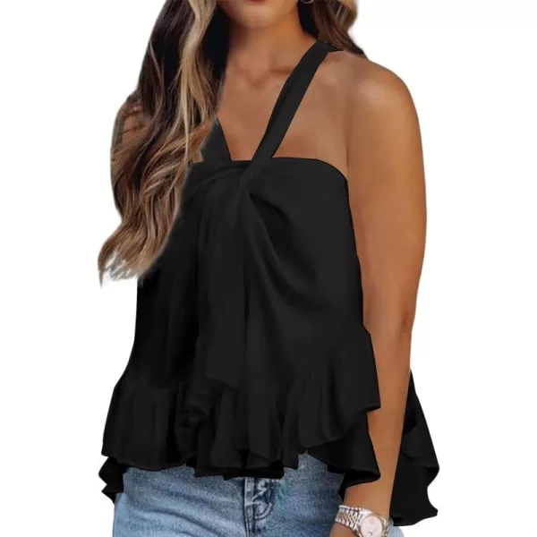 LYANER Women's Halter Neck Twist Front Ruffle Hem Ruched Sleeveless Cami Tank Top